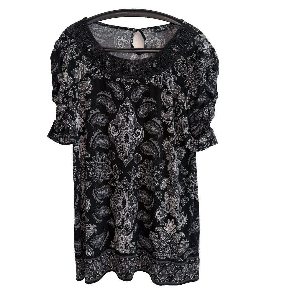 Womens Short Cinched Sleeve Beaded Trim Top XL Whimsical Classic Career Office